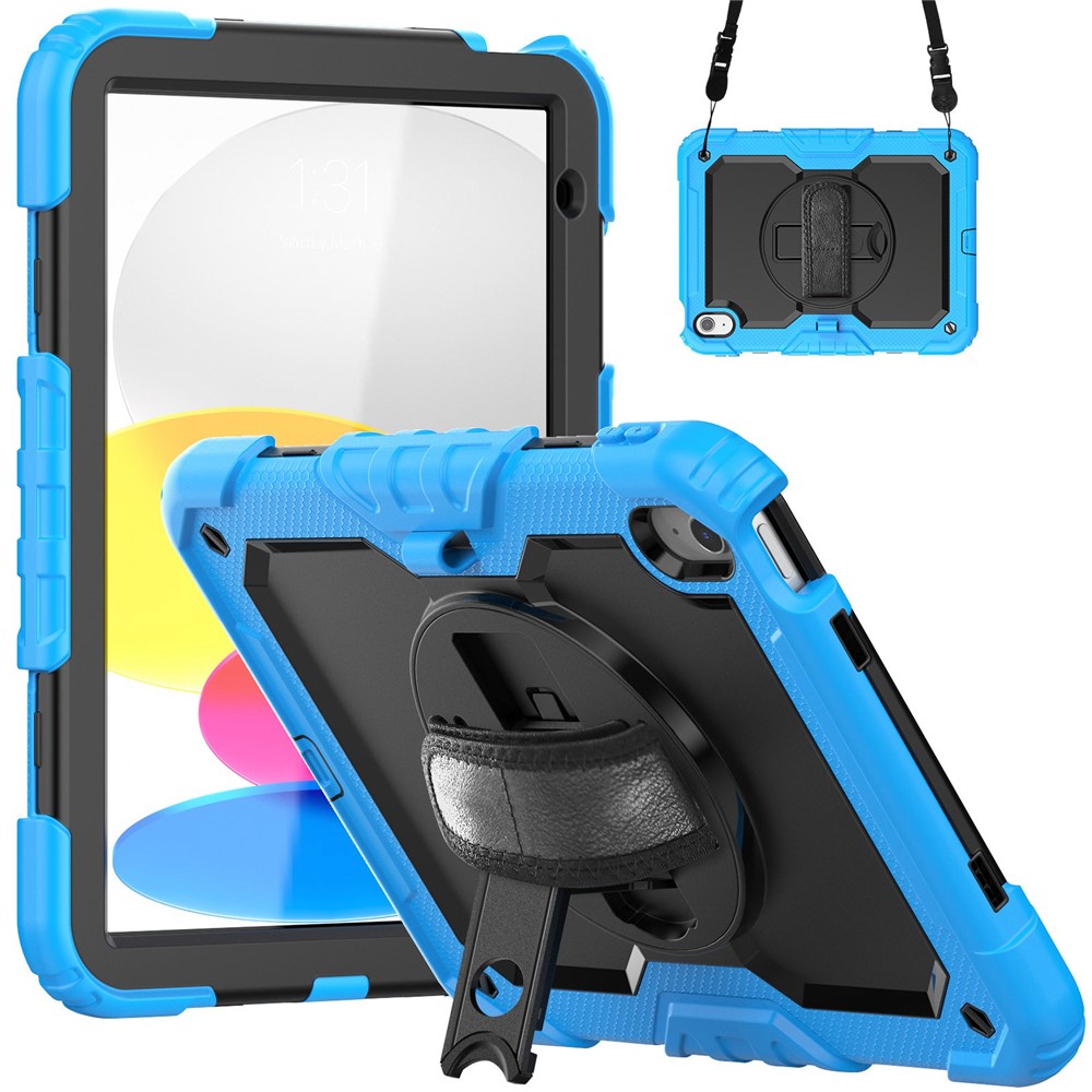 For iPad (2025)/10.9 (2022) Tablet Case Hand Strap Kickstand Silicone + PC Cover with Shoulder Strap - Baby Blue