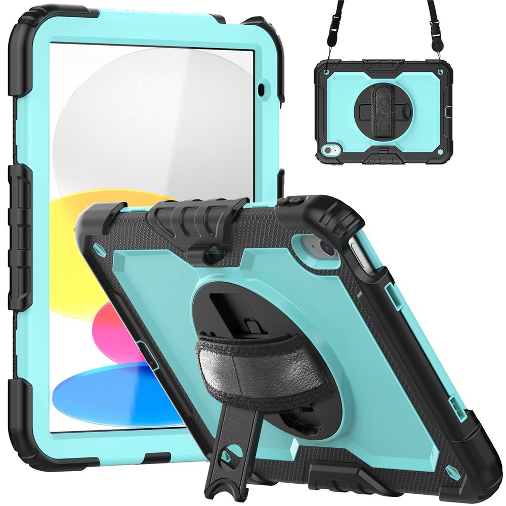 For iPad (2025)/10.9 (2022) Tablet Case Hand Strap Kickstand Silicone + PC Cover with Shoulder Strap - Cyan PC / Black