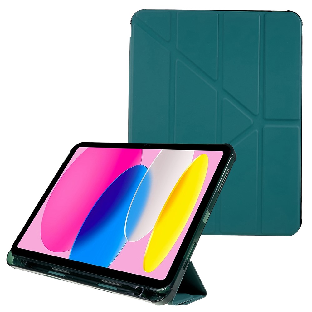 For iPad (2025) / 10.9 (2022) Origami Stand Auto Wake / Sleep Cover PU Leather + TPU Tablet Case with Pencil Holder - Blackish Green
