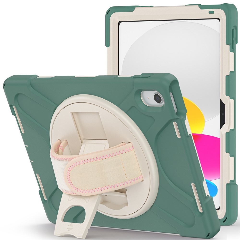 For iPad (2025) / 10.9 (2022) Kickstand PC + Silicone Tablet Case 360 Degree Rotation Hand Strap Shockproof Rugged Protective Cover - Emerald Green