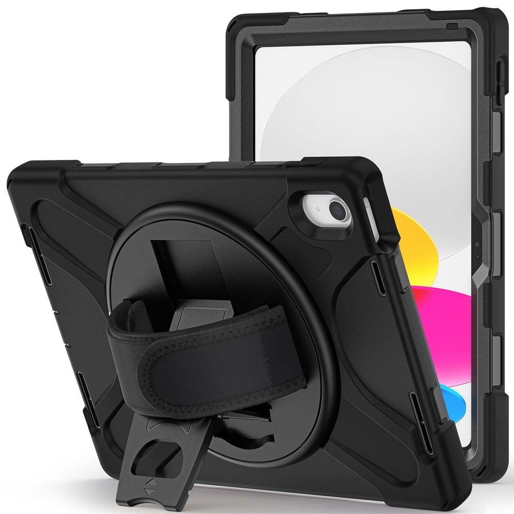 For iPad (2025) / 10.9 (2022) Kickstand PC + Silicone Tablet Case 360 Degree Rotation Hand Strap Shockproof Rugged Protective Cover - Black