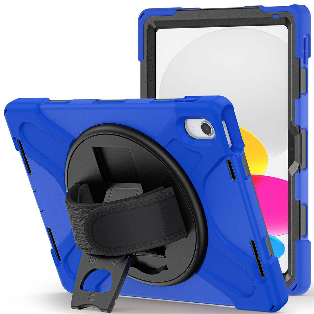For iPad (2025) / 10.9 (2022) Kickstand PC + Silicone Tablet Case 360 Degree Rotation Hand Strap Shockproof Rugged Protective Cover - Blue