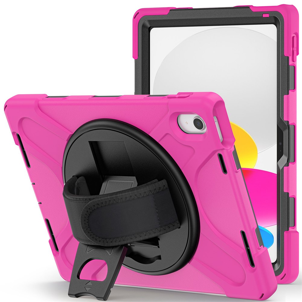 For iPad (2025) / 10.9 (2022) Kickstand PC + Silicone Tablet Case 360 Degree Rotation Hand Strap Shockproof Rugged Protective Cover - Rose