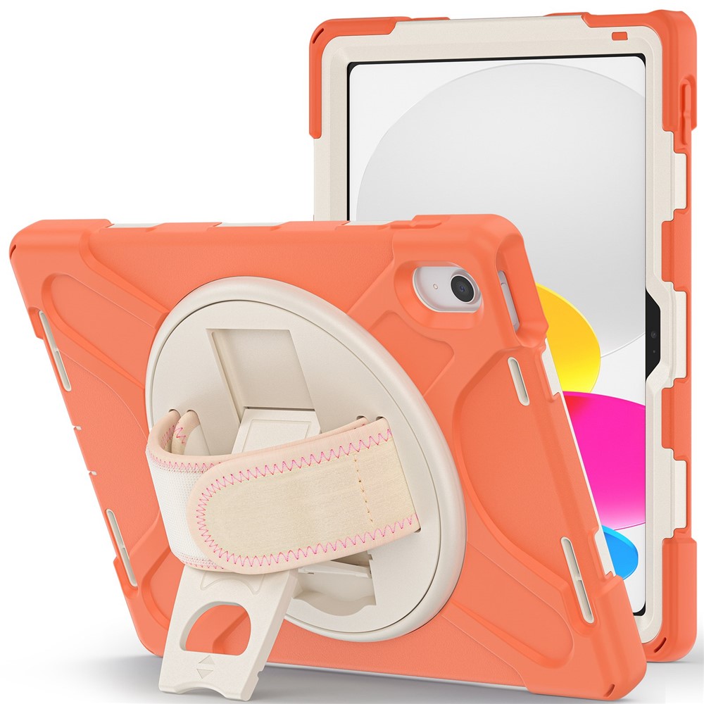 For iPad (2025) / 10.9 (2022) Kickstand PC + Silicone Tablet Case 360 Degree Rotation Hand Strap Shockproof Rugged Protective Cover - Orange