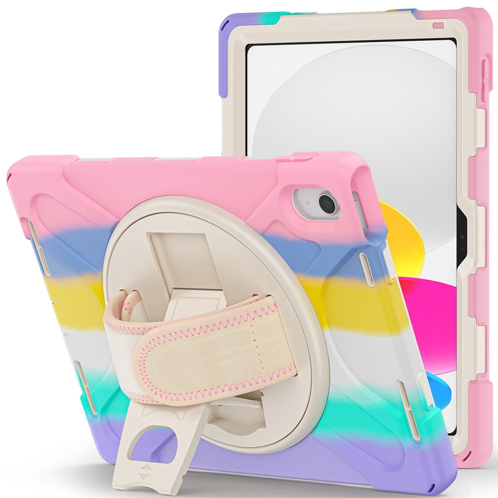 For iPad (2025) / 10.9 (2022) Kickstand PC + Silicone Tablet Case 360 Degree Rotation Hand Strap Shockproof Rugged Protective Cover - Colorful Pink
