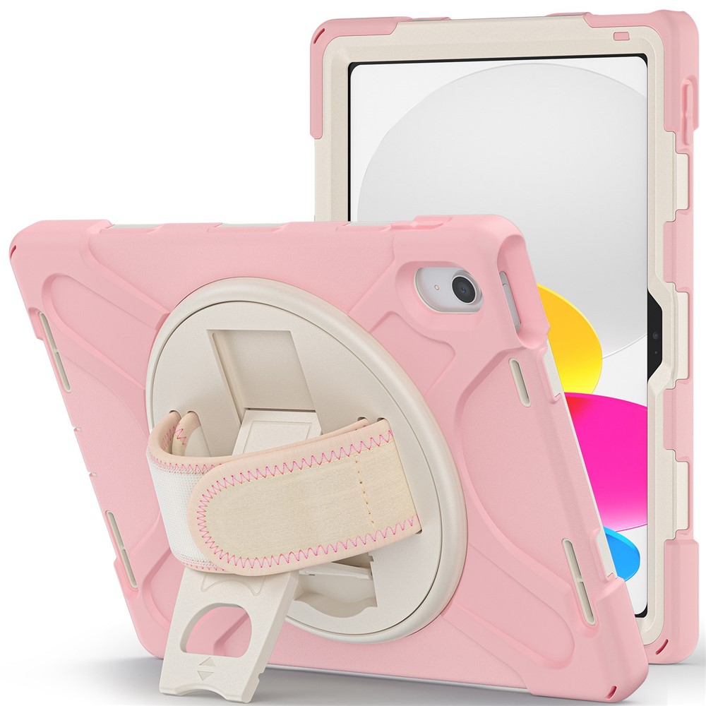 For iPad (2025) / 10.9 (2022) Kickstand PC + Silicone Tablet Case 360 Degree Rotation Hand Strap Shockproof Rugged Protective Cover - Pink