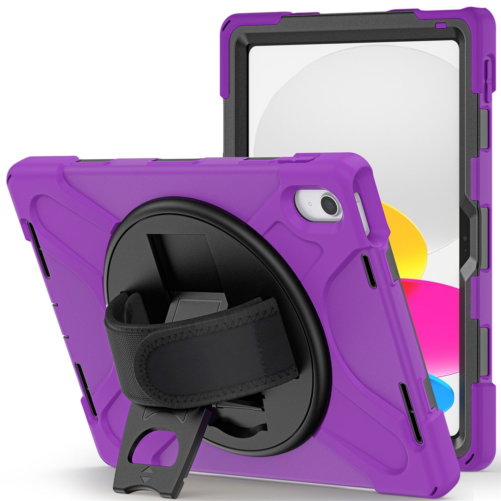 For iPad (2025) / 10.9 (2022) Kickstand PC + Silicone Tablet Case 360 Degree Rotation Hand Strap Shockproof Rugged Protective Cover - Purple