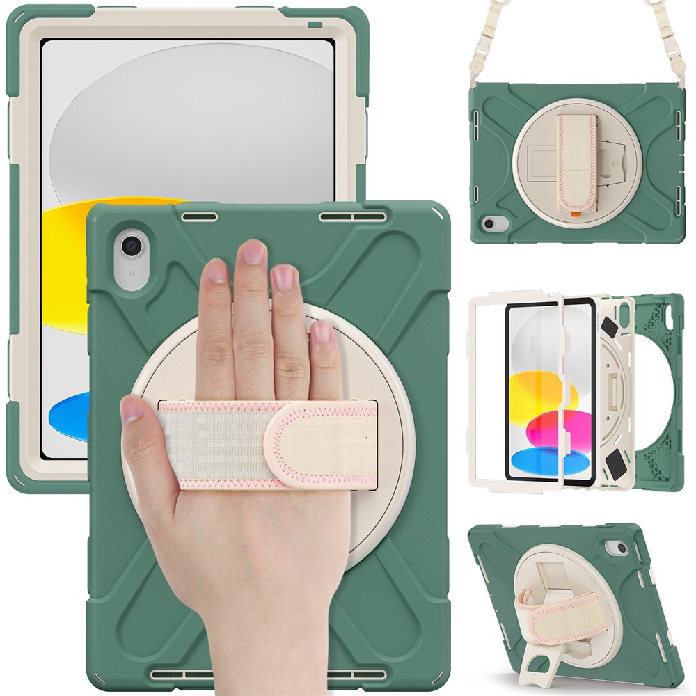 For iPad (2025) / 10.9 (2022) Case PC + Silicone Cover with Hand Strap / Shoulder Strap - Emerald Green