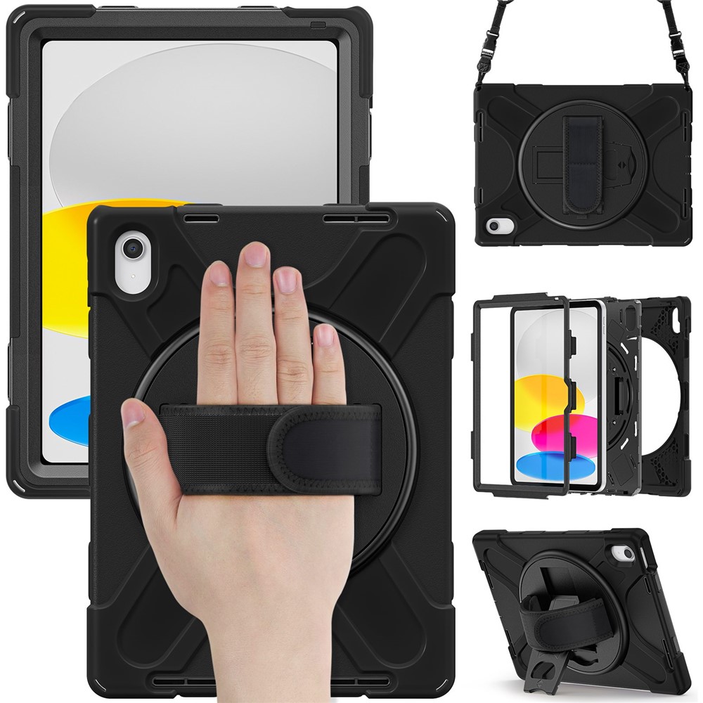 For iPad (2025) / 10.9 (2022) Case PC + Silicone Cover with Hand Strap / Shoulder Strap - Black