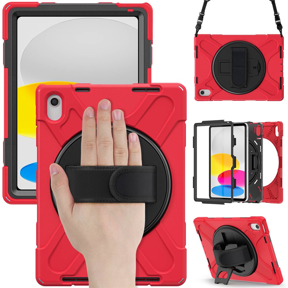 For iPad (2025) / 10.9 (2022) Case PC + Silicone Cover with Hand Strap / Shoulder Strap - Red