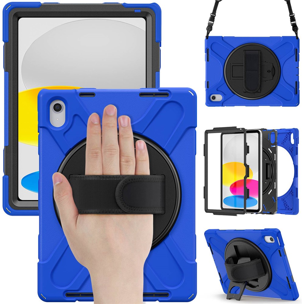 For iPad (2025) / 10.9 (2022) Case PC + Silicone Cover with Hand Strap / Shoulder Strap - Blue