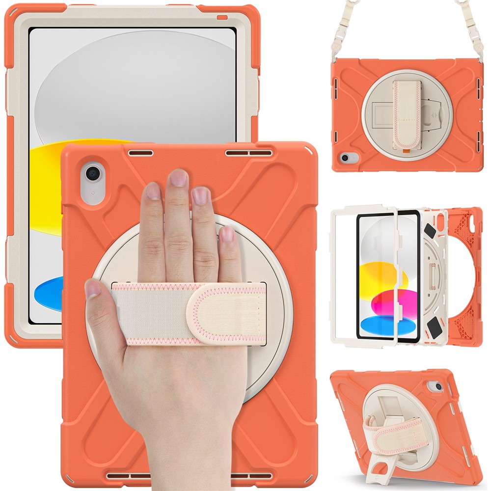 For iPad (2025) / 10.9 (2022) Case PC + Silicone Cover with Hand Strap / Shoulder Strap - Orange