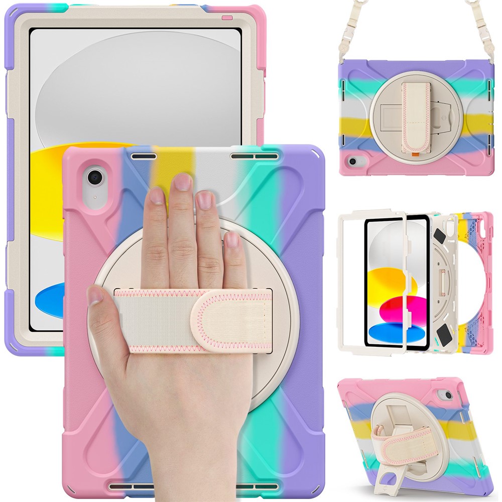 For iPad (2025) / 10.9 (2022) Case PC + Silicone Cover with Hand Strap / Shoulder Strap - Colorful Pink