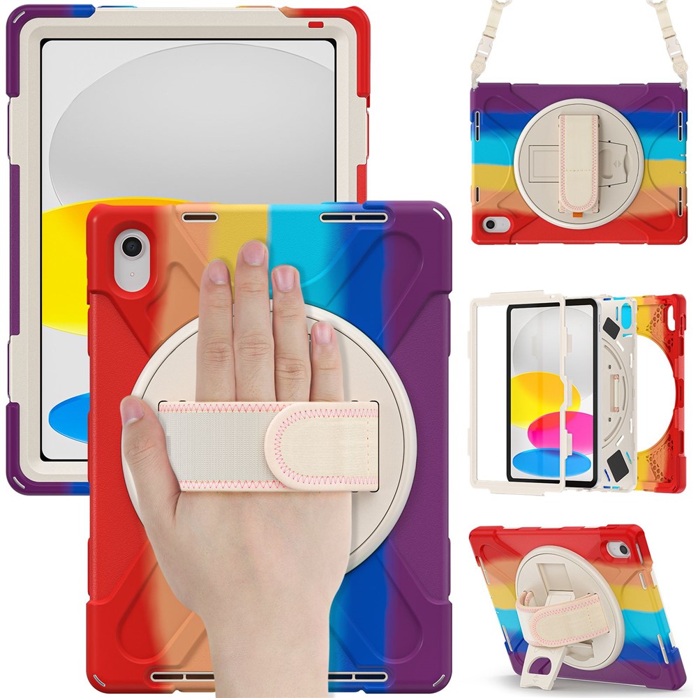 For iPad (2025) / 10.9 (2022) Case PC + Silicone Cover with Hand Strap / Shoulder Strap - Colorful Red
