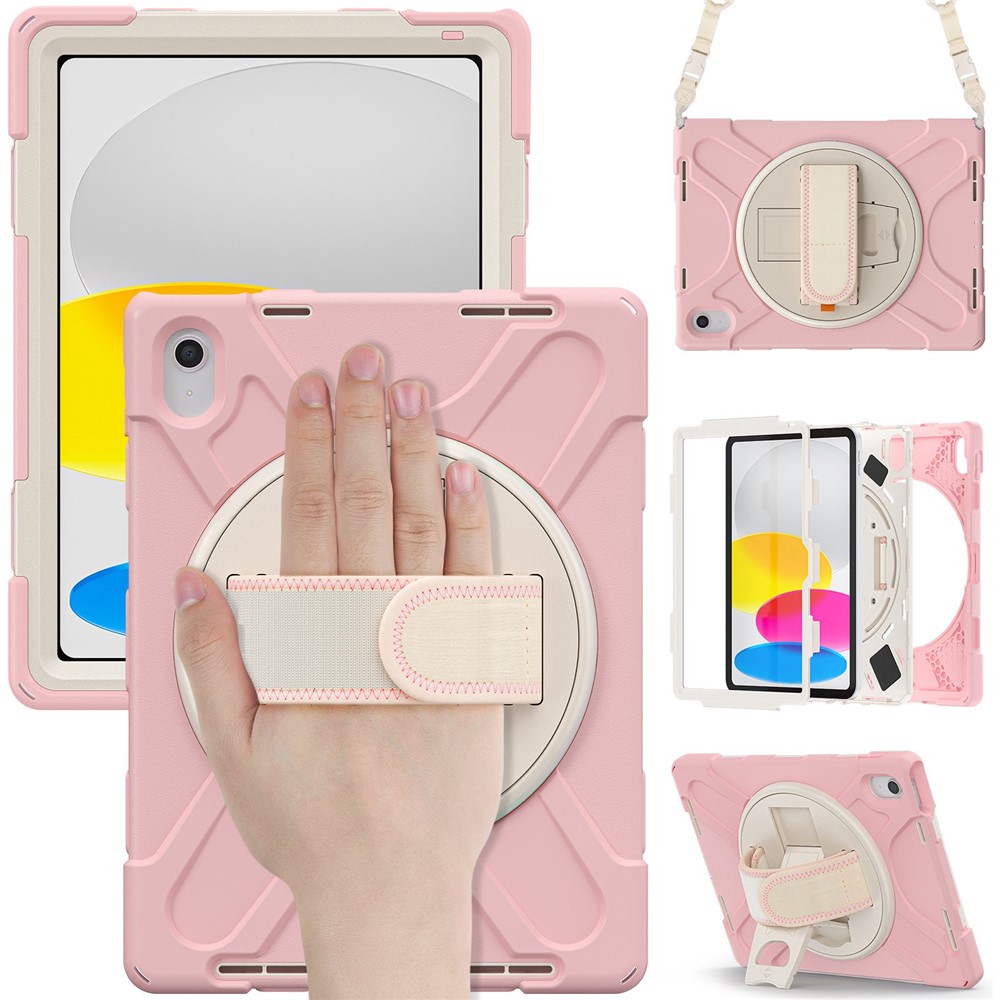 For iPad (2025) / 10.9 (2022) Case PC + Silicone Cover with Hand Strap / Shoulder Strap - Pink
