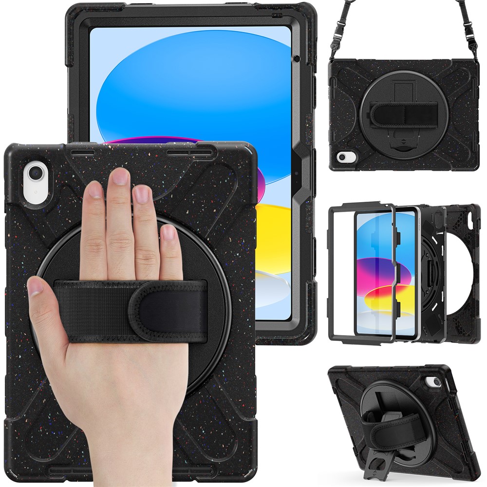 For iPad (2025) / 10.9 (2022) Case PC + Silicone Protective Cover with Hand Strap / Shoulder Strap - Dark Black