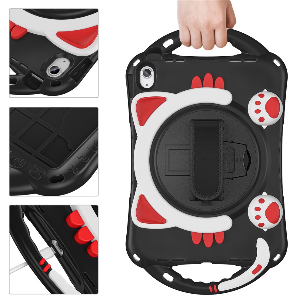 For iPad (2025) / 10.9 (2022) Rotating Hand Strap Tablet Case Heavy Duty Hard PC Soft Silicone Kickstand Protective Cover - Black  /  Red