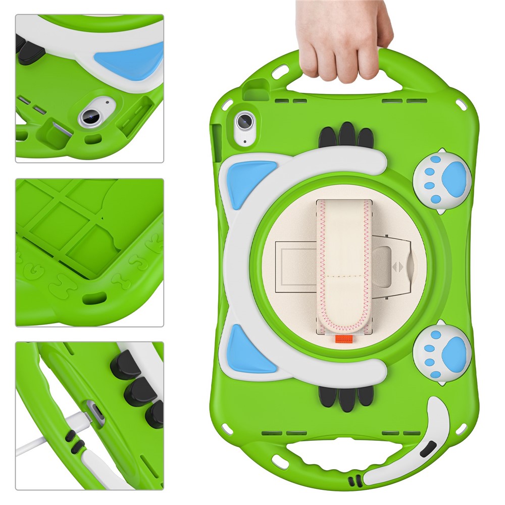 For iPad (2025) / 10.9 (2022) Rotating Hand Strap Tablet Case Heavy Duty Hard PC Soft Silicone Kickstand Protective Cover - Green