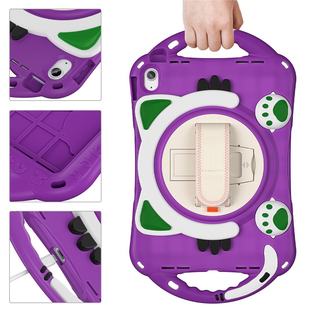 For iPad (2025) / 10.9 (2022) Rotating Hand Strap Tablet Case Heavy Duty Hard PC Soft Silicone Kickstand Protective Cover - Purple