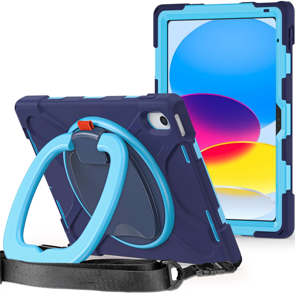For iPad (2025) / 10.9 (2022) Rotary Kickstand Tablet Protective Case PC + Silicone Anti-Drop Back Cover with Shoulder Strap - Navy Blue / Blue