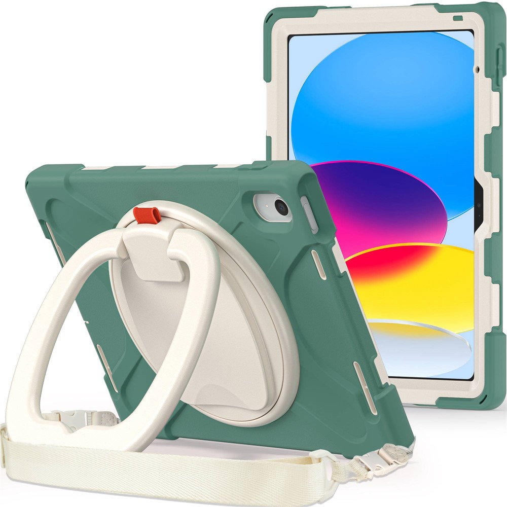 For iPad (2025) / 10.9 (2022) Rotary Kickstand Tablet Protective Case PC + Silicone Anti-Drop Back Cover with Shoulder Strap - Green