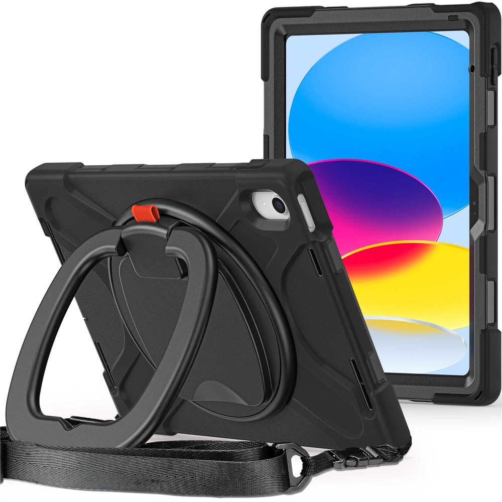 For iPad (2025) / 10.9 (2022) Rotary Kickstand Tablet Protective Case PC + Silicone Anti-Drop Back Cover with Shoulder Strap - Black