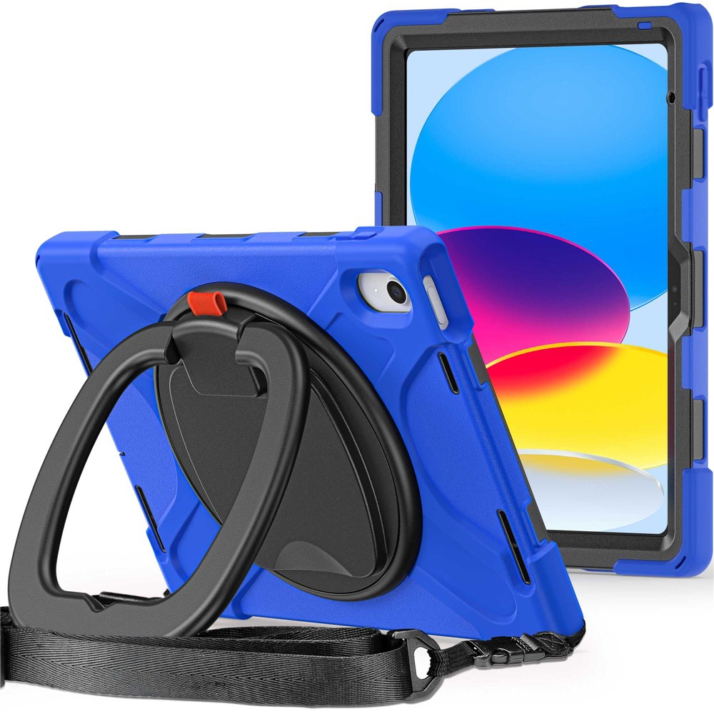 For iPad (2025) / 10.9 (2022) Rotary Kickstand Tablet Protective Case PC + Silicone Anti-Drop Back Cover with Shoulder Strap - Blue
