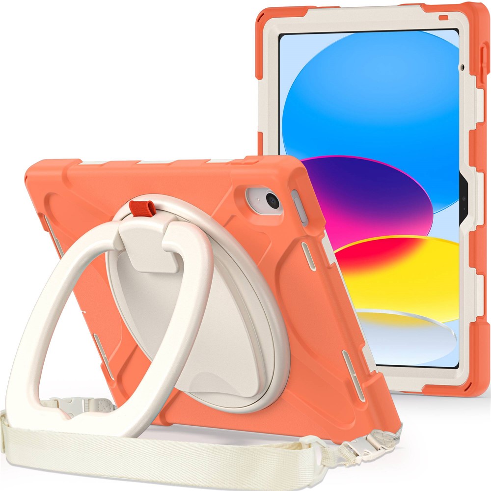 For iPad (2025) / 10.9 (2022) Rotary Kickstand Tablet Protective Case PC + Silicone Anti-Drop Back Cover with Shoulder Strap - Orange