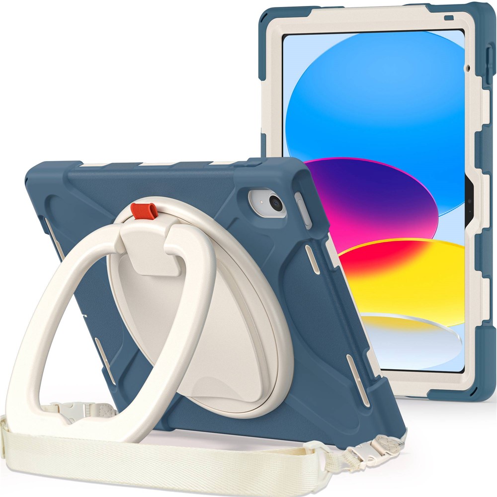 For iPad (2025) / 10.9 (2022) Rotary Kickstand Tablet Protective Case PC + Silicone Anti-Drop Back Cover with Shoulder Strap - Dark Blue