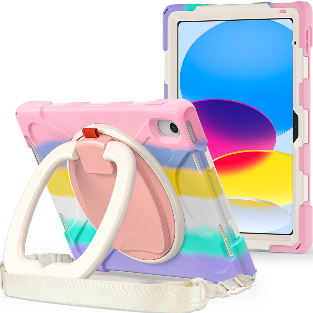 For iPad (2025) / 10.9 (2022) Rotary Kickstand Tablet Protective Case PC + Silicone Anti-Drop Back Cover with Shoulder Strap - Colorful Pink