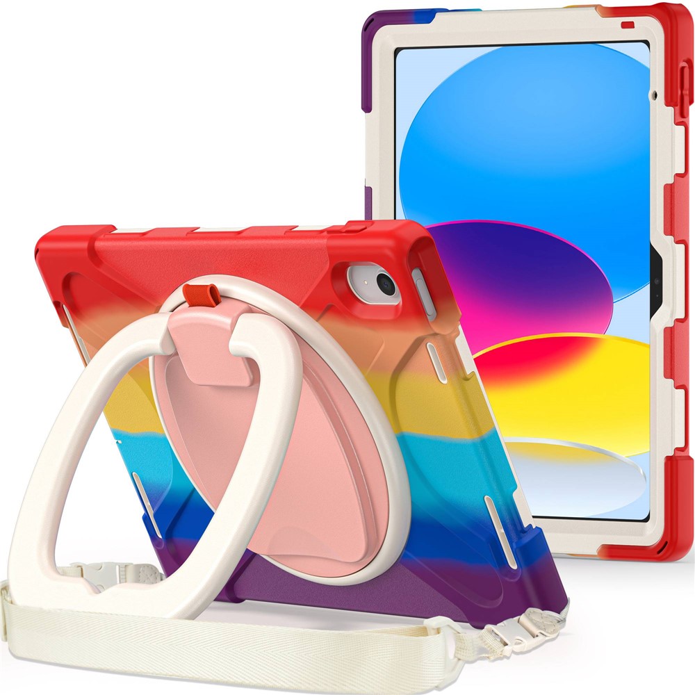 For iPad (2025) / 10.9 (2022) Rotary Kickstand Tablet Protective Case PC + Silicone Anti-Drop Back Cover with Shoulder Strap - Colorful Red