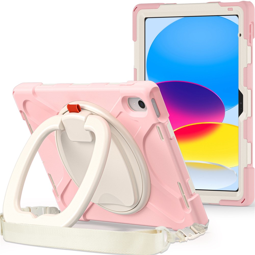 For iPad (2025) / 10.9 (2022) Rotary Kickstand Tablet Protective Case PC + Silicone Anti-Drop Back Cover with Shoulder Strap - Pink