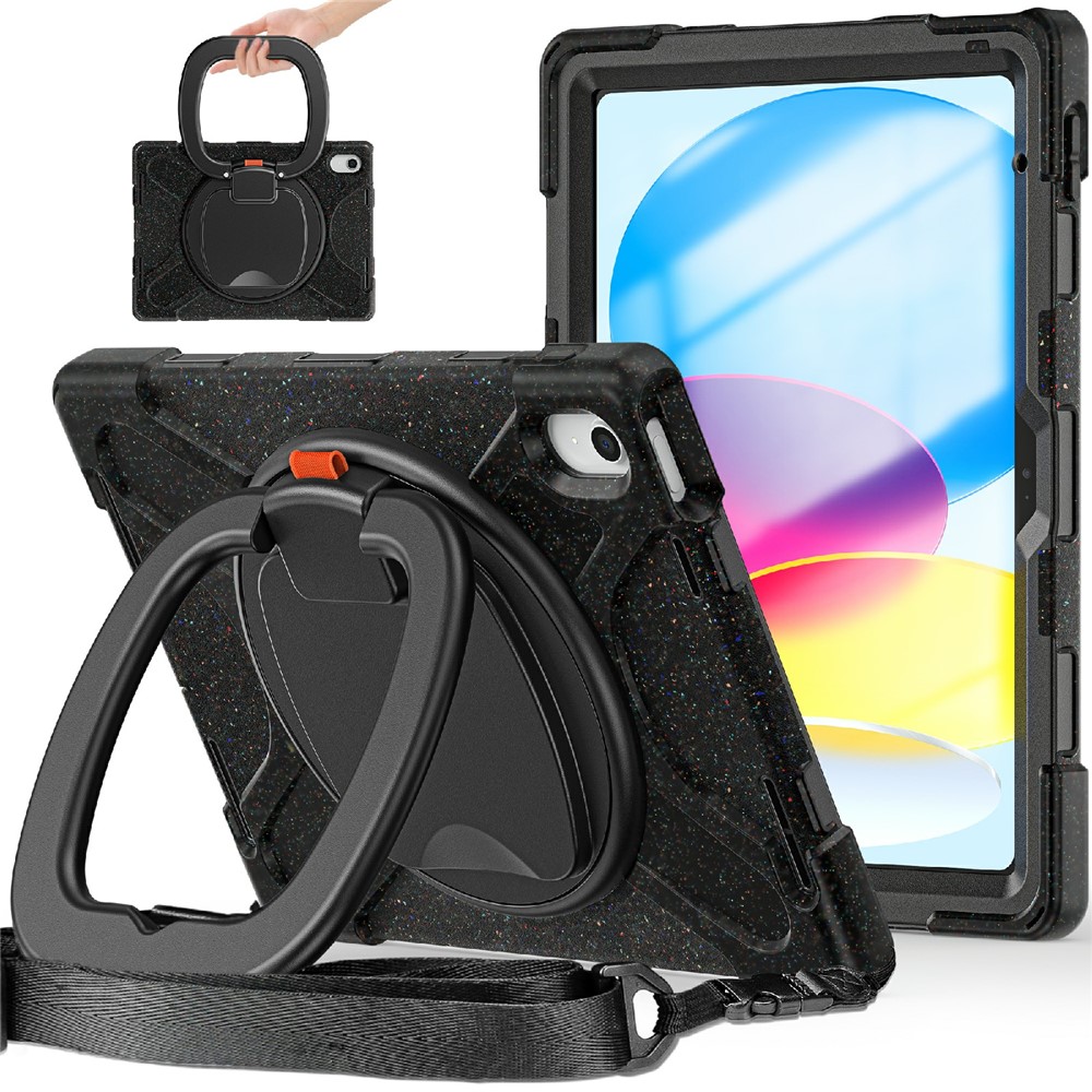 For iPad (2025) / 10.9 (2022) Rotary Kickstand Tablet Case PC + Silicone Anti-Drop Cover with Shoulder Strap - Midnight Black