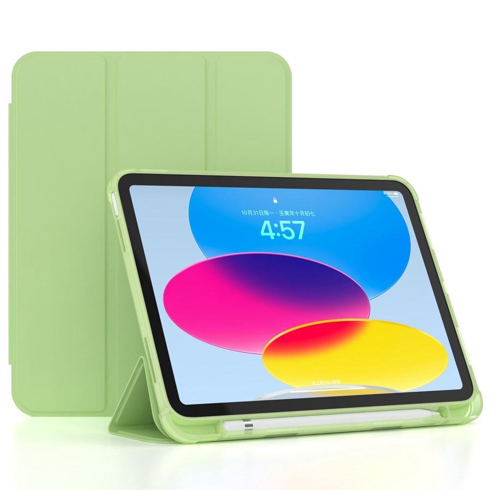 For iPad (2025)/10.9 (2022) Cover PU Leather Tri-fold Stand Tablet Case with Pen Slot - Matcha Green