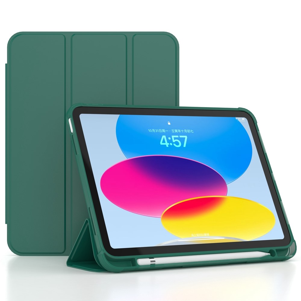 For iPad (2025)/10.9 (2022) Cover PU Leather Tri-fold Stand Tablet Case with Pen Slot - Green