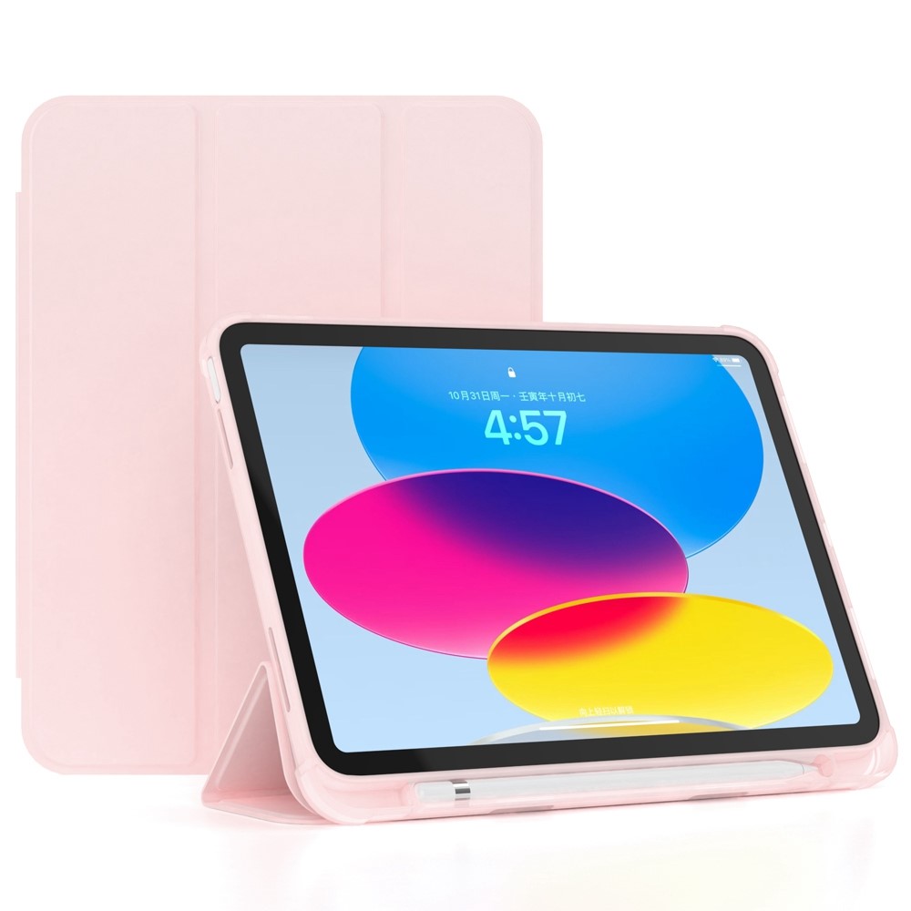 For iPad (2025)/10.9 (2022) Cover PU Leather Tri-fold Stand Tablet Case with Pen Slot - Pink