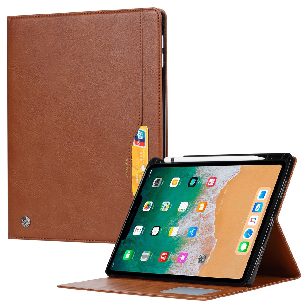 For iPad (2025) / 10.9 (2022) Outer Card Slot Design PU Leather Tablet Case Foldable Stand Wallet Pen Slot Cover with Auto Wake / Sleep - Brown