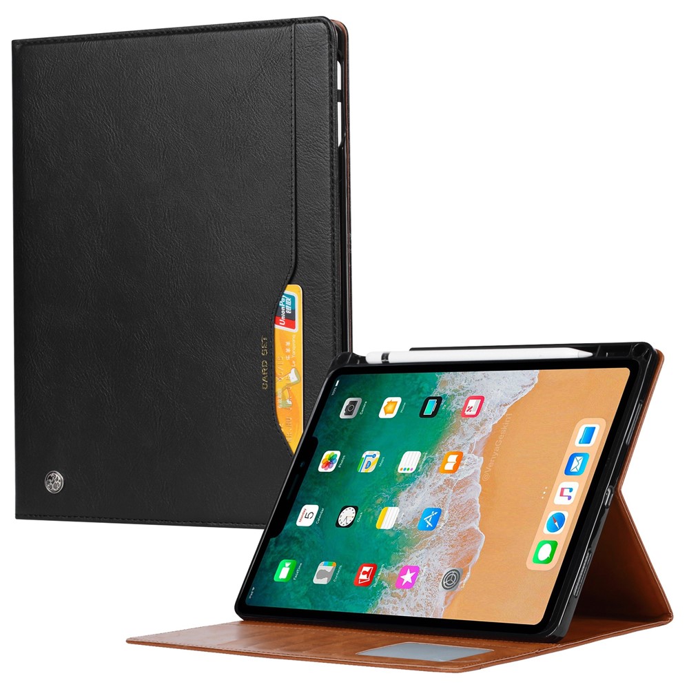 For iPad (2025) / 10.9 (2022) Outer Card Slot Design PU Leather Tablet Case Foldable Stand Wallet Pen Slot Cover with Auto Wake / Sleep - Black