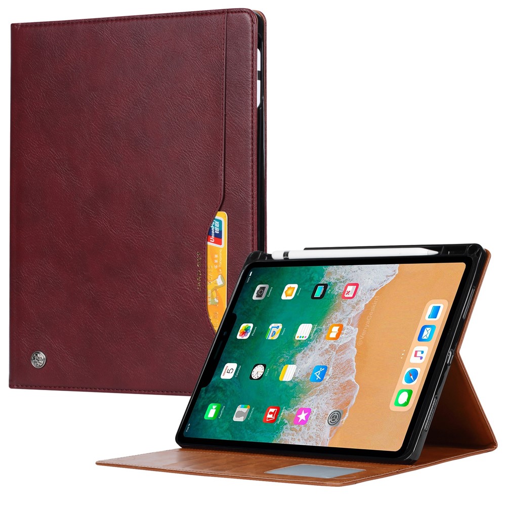 For iPad (2025) / 10.9 (2022) Outer Card Slot Design PU Leather Tablet Case Foldable Stand Wallet Pen Slot Cover with Auto Wake / Sleep - Wine Red
