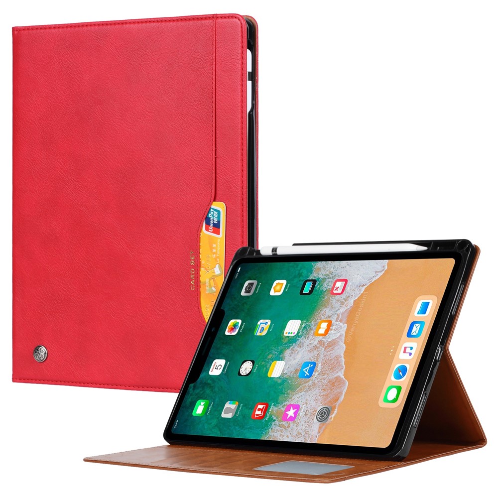 For iPad (2025) / 10.9 (2022) Outer Card Slot Design PU Leather Tablet Case Foldable Stand Wallet Pen Slot Cover with Auto Wake / Sleep - Red