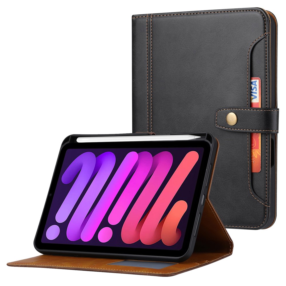 For iPad (2025) / 10.9 (2022) Outer Card Slot Design PU Leather Tablet Case Magnetic Clasp Wallet Stand Anti-Scratch Cover with Pen Slot - Black