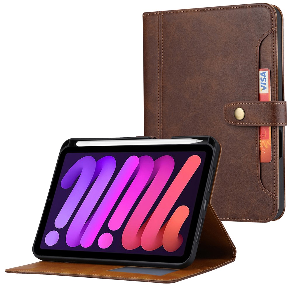 For iPad (2025) / 10.9 (2022) Outer Card Slot Design PU Leather Tablet Case Magnetic Clasp Wallet Stand Anti-Scratch Cover with Pen Slot - Brown