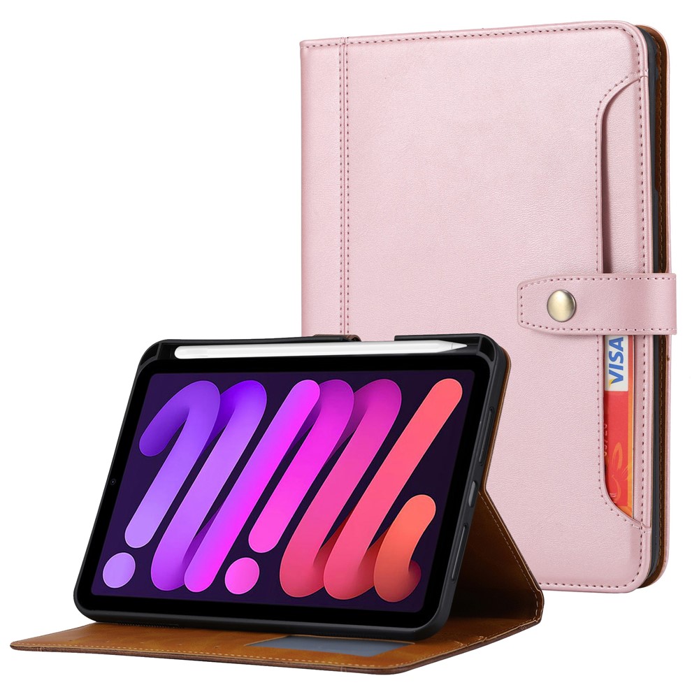 For iPad (2025) / 10.9 (2022) Outer Card Slot Design PU Leather Tablet Case Magnetic Clasp Wallet Stand Anti-Scratch Cover with Pen Slot - Pink