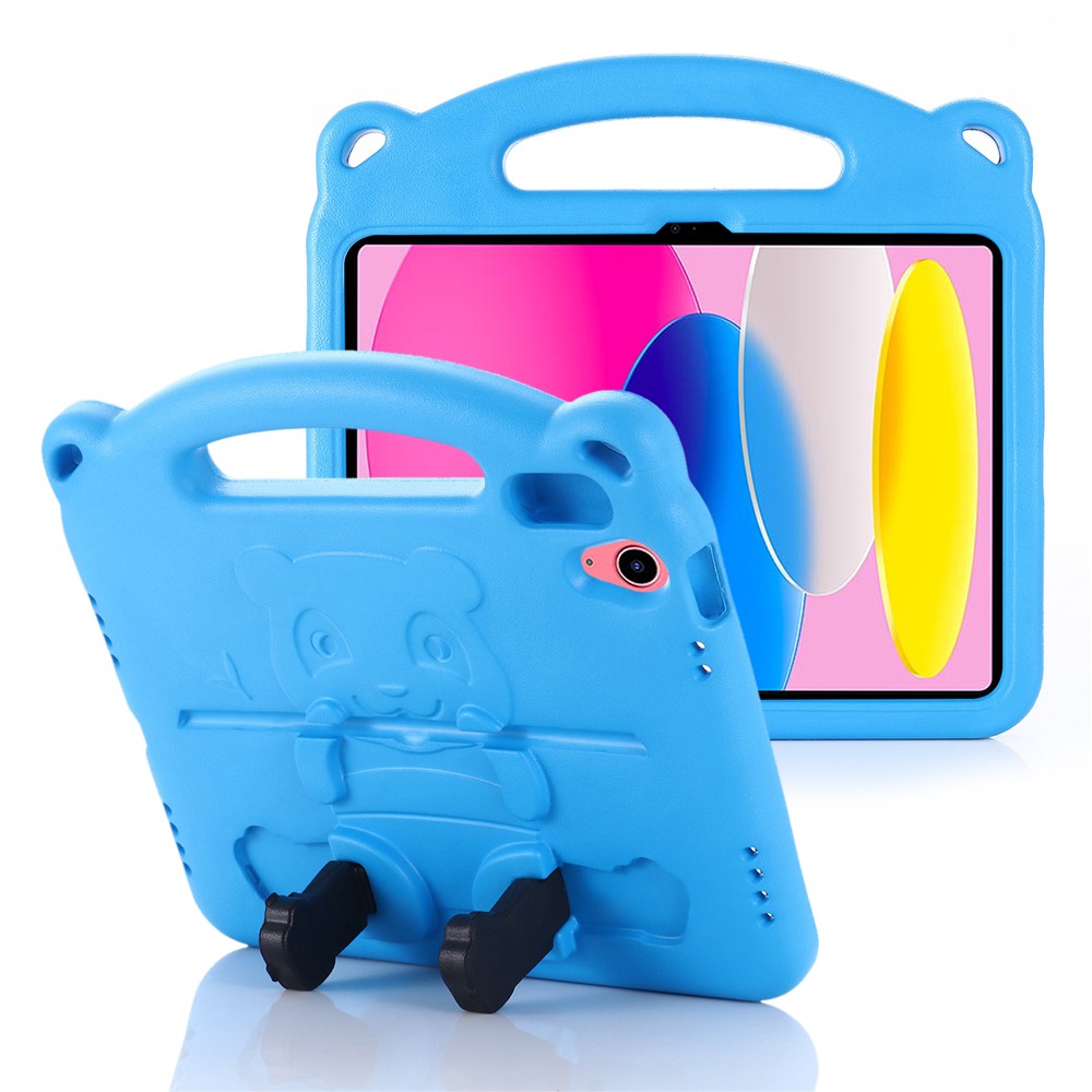 For iPad (2025) / 10.9 (2022) Cartoon Panda EVA Tablet Case Kickstand Hand Grip Shock-Absorbing Protective Cover - Blue