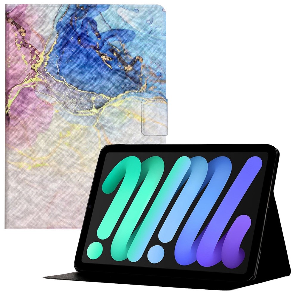 For iPad (2025) / 10.9 (2022) Tablet Cover Marble Pattern Printing PU Leather Stand Case with Card Holder - Pink Blue Marble