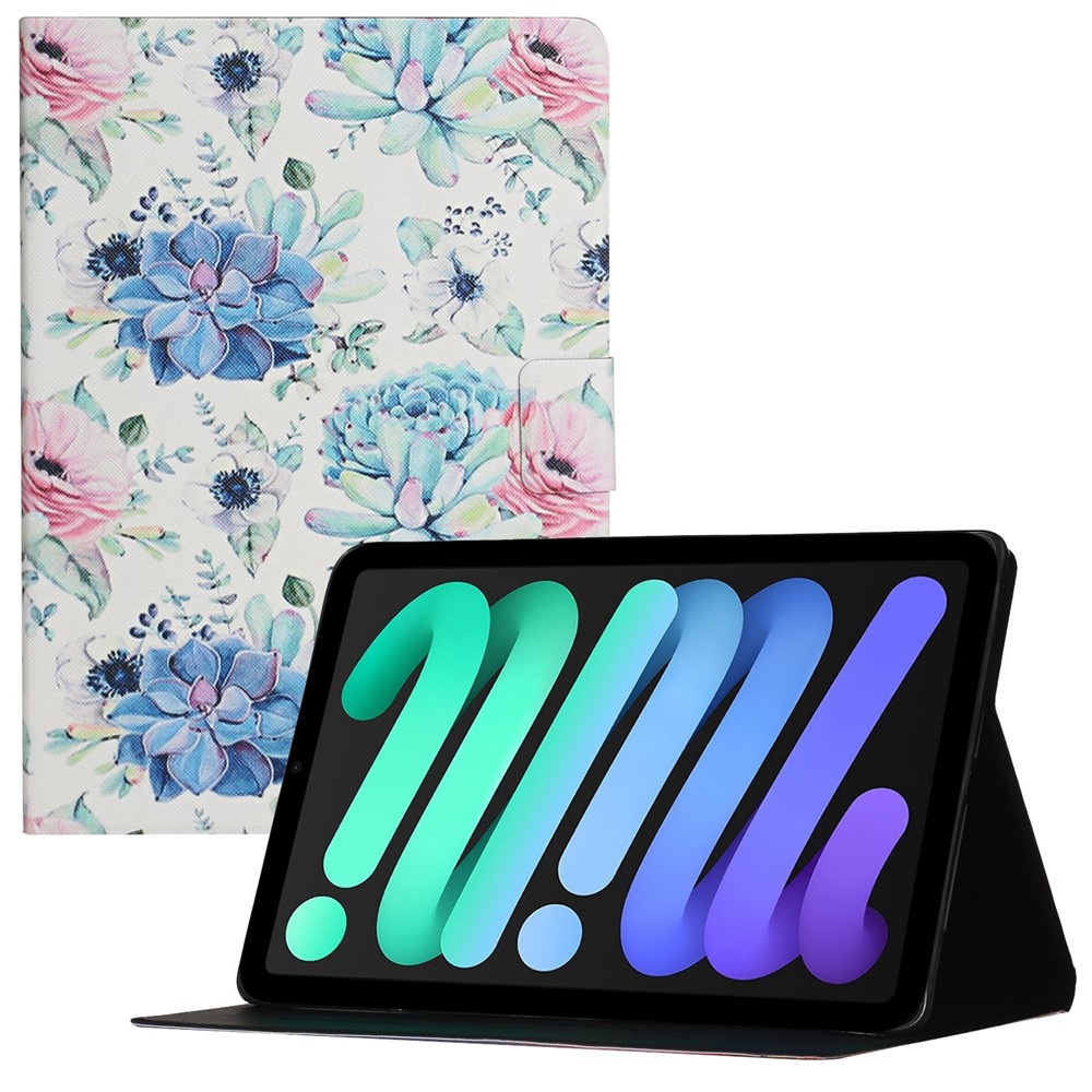 For iPad (2025) / 10.9 (2022) Stand Card Holder Pattern Printing Tablet Cover PU Leather Auto Wake / Sleep Anti-Drop Case - White / Blue Flower