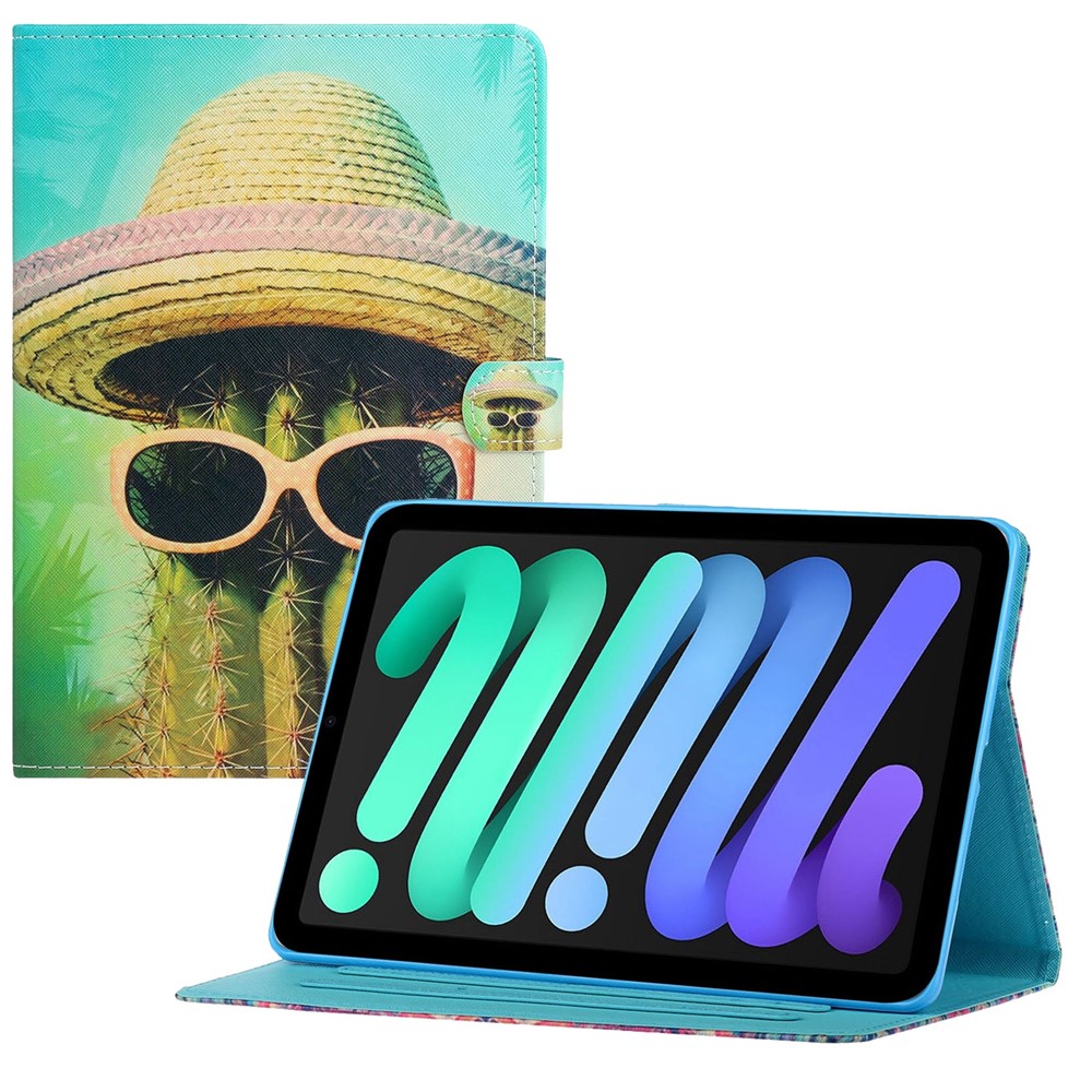 For iPad (2025) / 10.9 (2022) Pattern Printing Full Protection Stitching Line PU Leather Tablet Case Adjustable Stand Cover with Card Slots - Cactus
