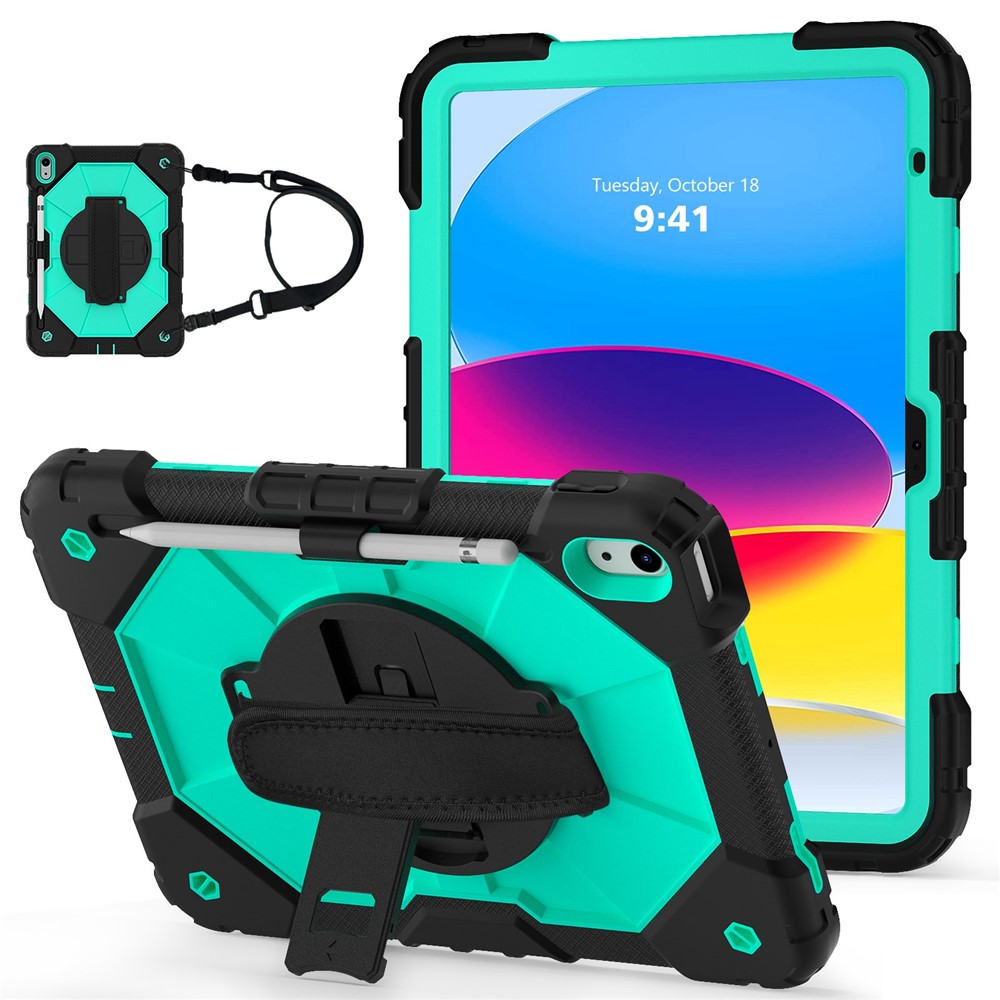 Shockproof Tablet Case for iPad (2025) / 10.9 (2022) / Air (2020) / Air (2022) PC + Silicone Kickstand Cover with Hand Strap - Black / Mint Green