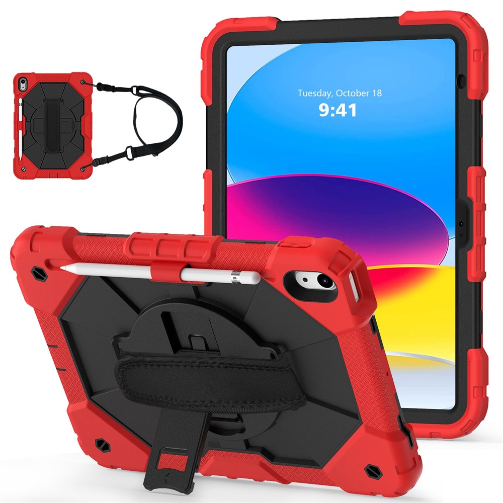 Shockproof Tablet Case for iPad (2025) / 10.9 (2022) / Air (2020) / Air (2022) PC + Silicone Kickstand Cover with Hand Strap - Red / Black