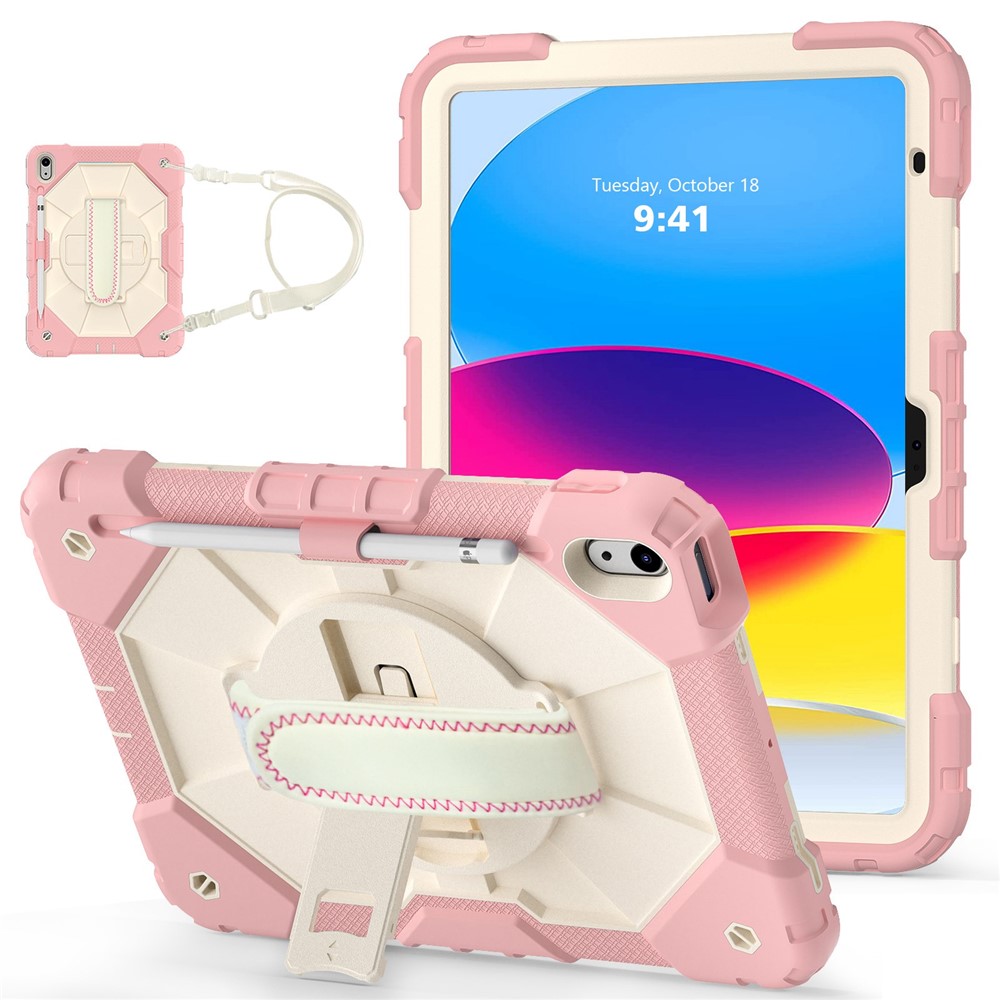 Shockproof Tablet Case for iPad (2025) / 10.9 (2022) / Air (2020) / Air (2022) PC + Silicone Kickstand Cover with Hand Strap - Rose Gold / Beige
